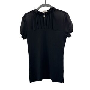 Kenar Beaded Collar‎ Neck Black Short Sleeve Top S Elegant Style Smocked Stretch